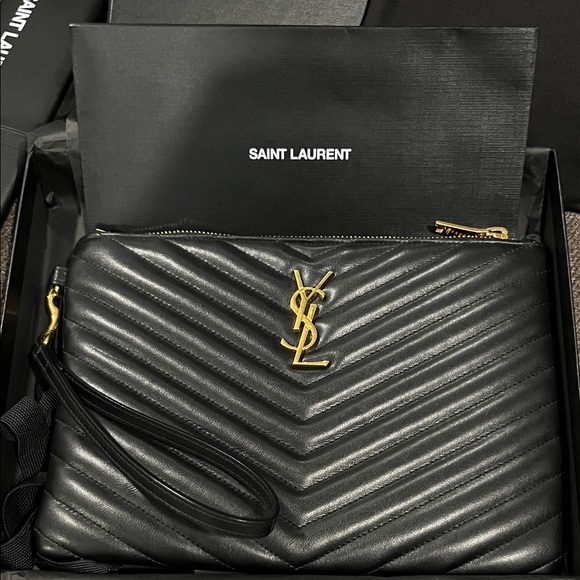 Saint Laurent Black Chevron Pouch with Gold YSL Emblem - Picture 1 of 15